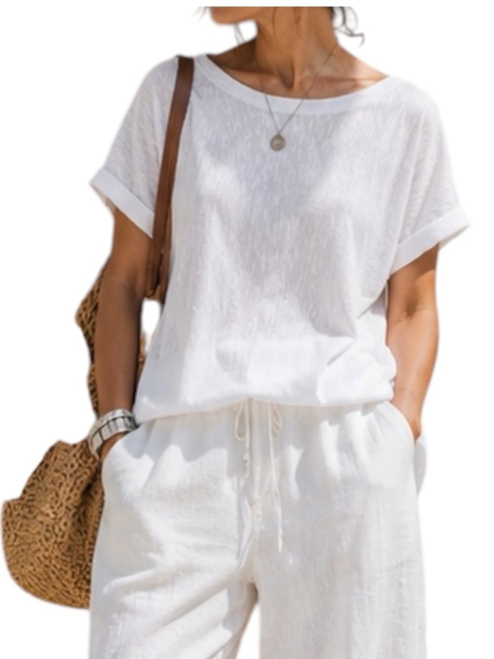 Eileen Fisher White Linen Cotton Slub Knit Bateau Neck High Low Top Medium